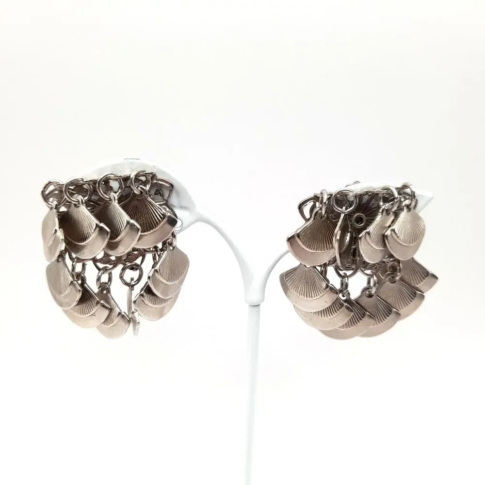 Vintage 1960s Fan Shaped Dangling Clip Earrings, Silver Tone Filigree, 1 1/4 In.
